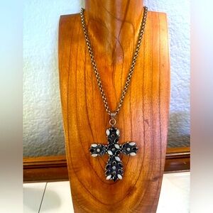 Taxco Onyx & moonstone silver cross on thick sterling silver chain
